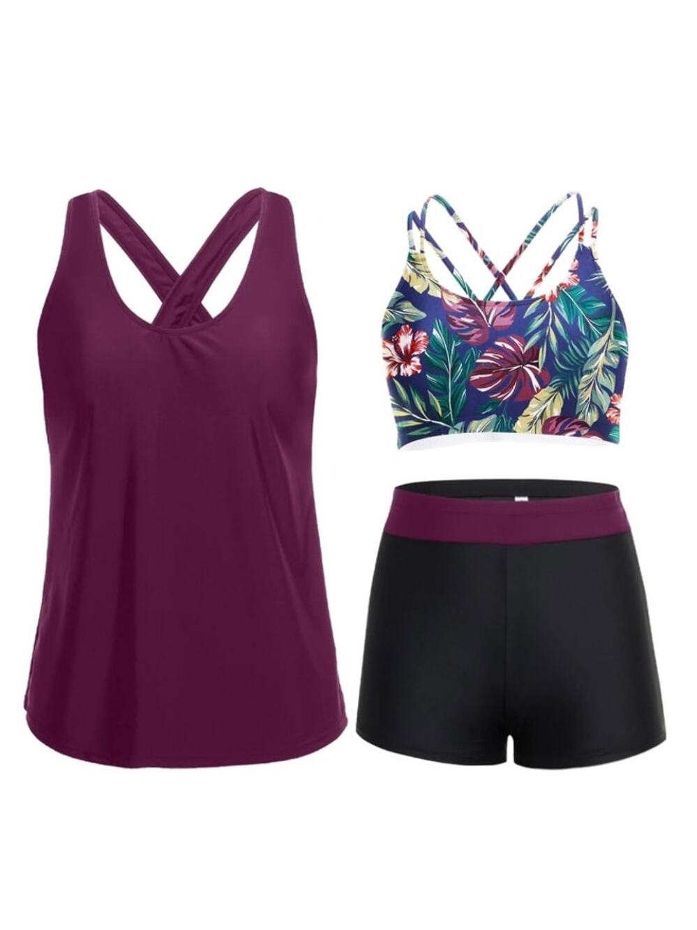 Holipick 3 Piece Tankini Swimsuit Women L Purple Floral Tummy Control NWT